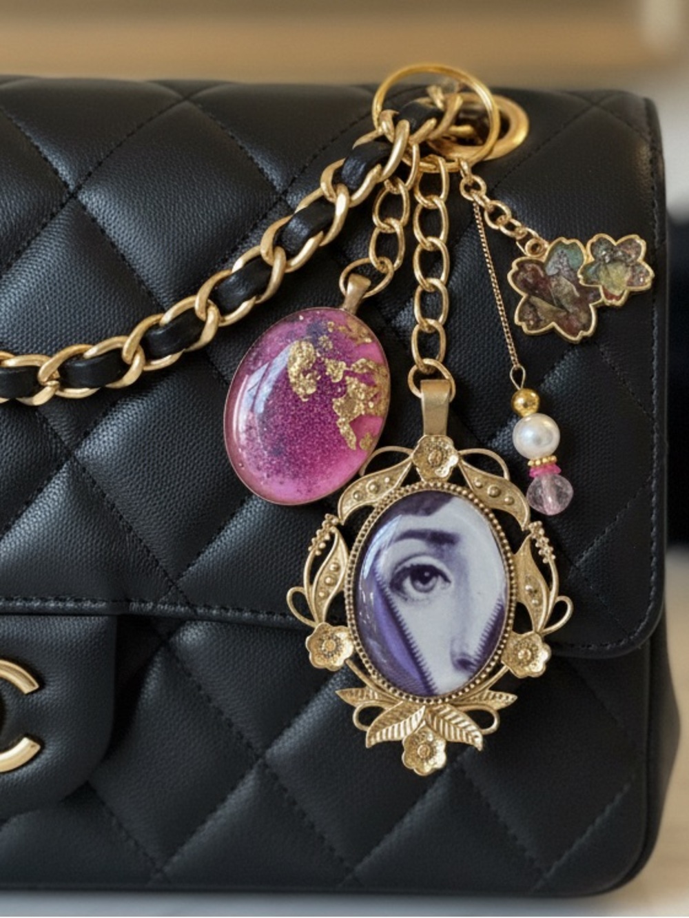 BAG CHARM KEYCHAIN PURSE ACCESSORIE FORNASETTI EVIL EYE PINK PURPLE FLORAL GOLD